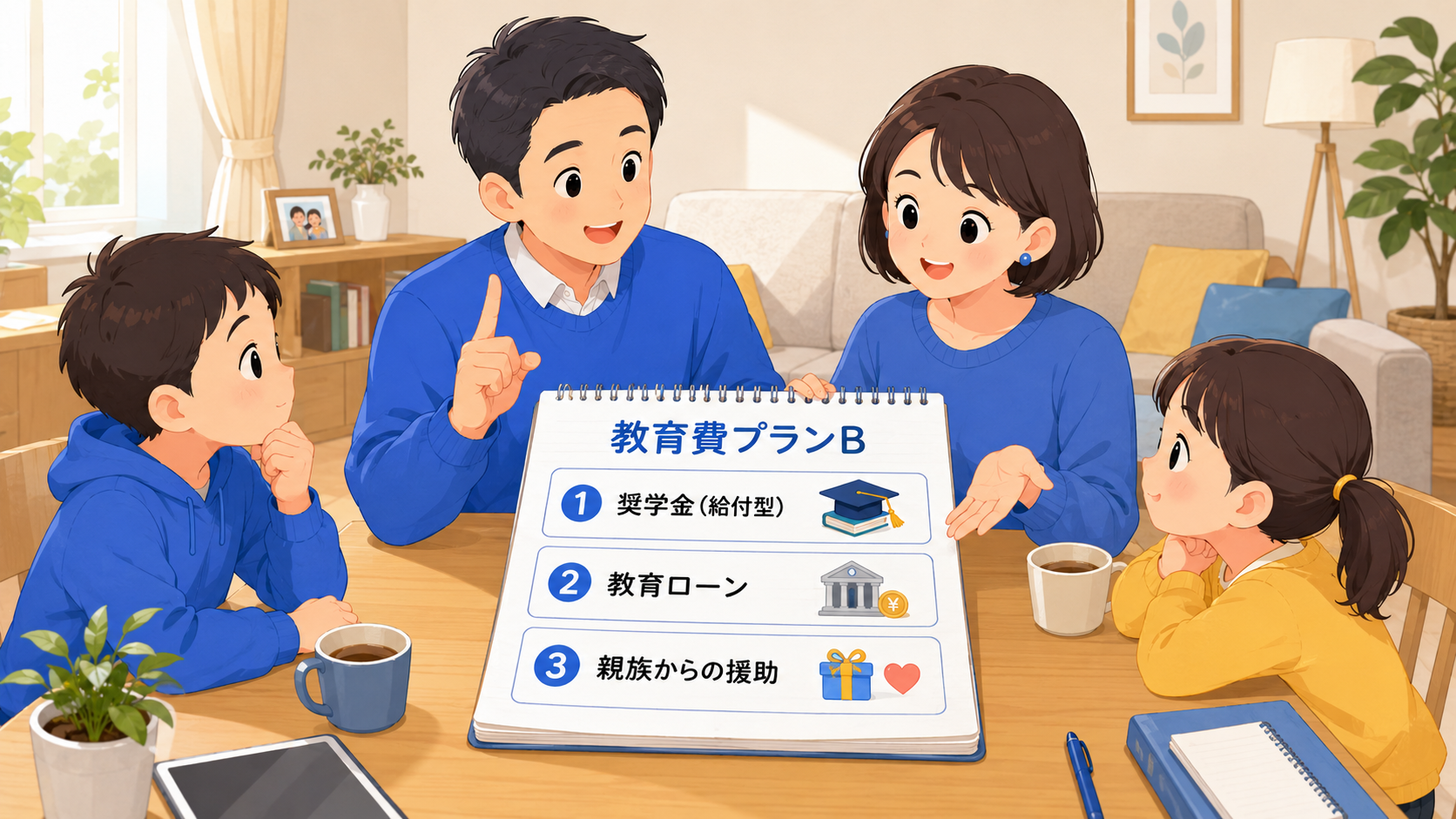 教育費が足りないときの選択肢を整理した家族会議のイラスト