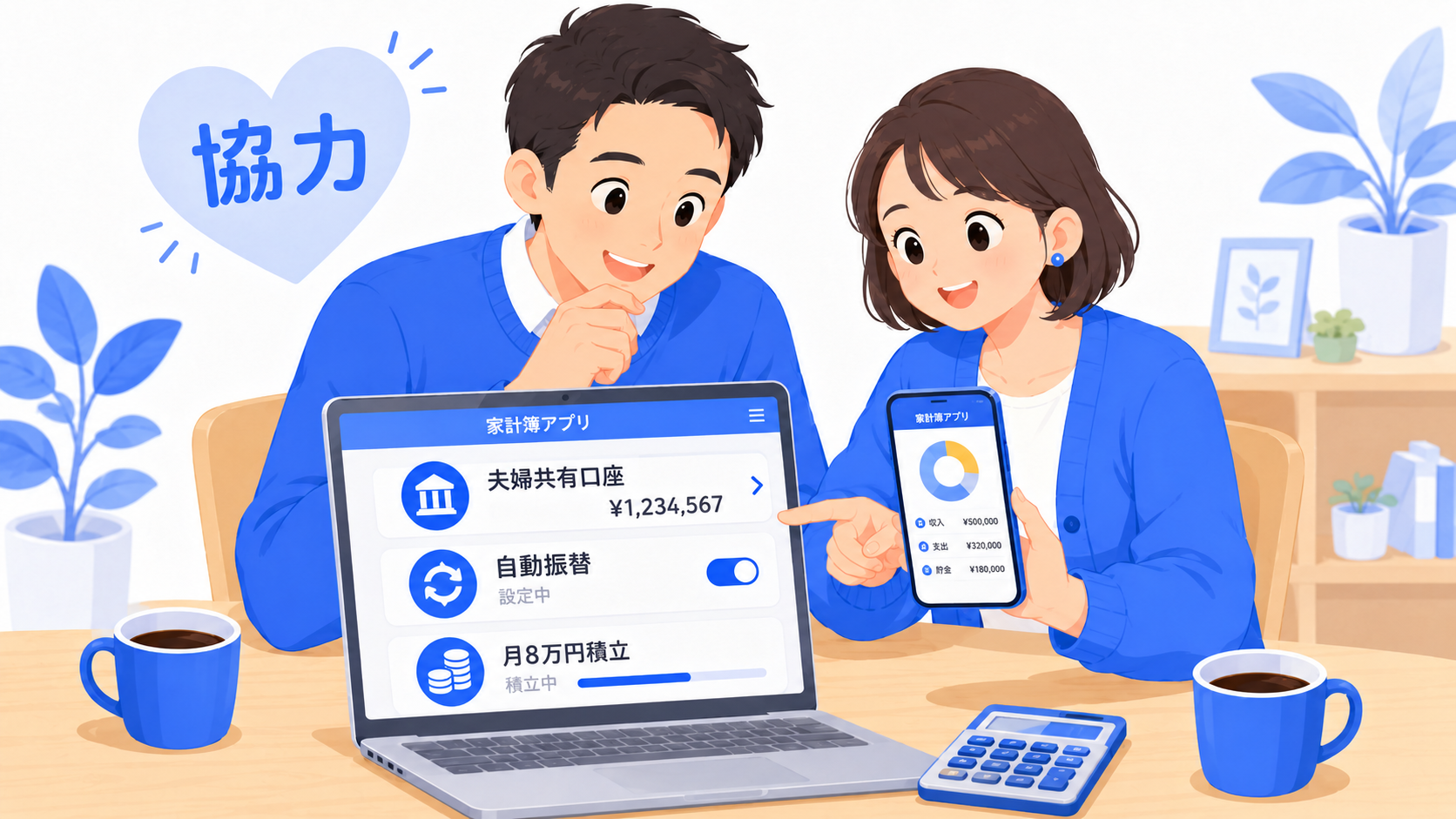 共働き夫婦が家計を一緒に管理する様子のイラスト