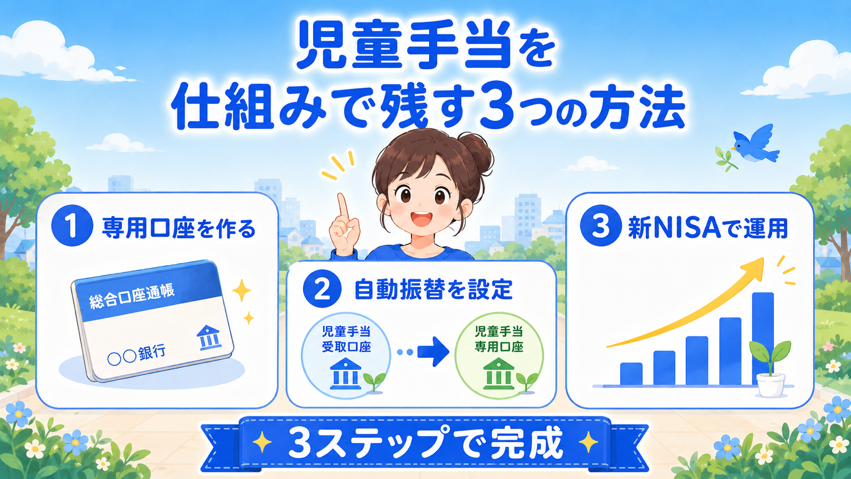 児童手当を仕組みで残す3つの方法のイラスト