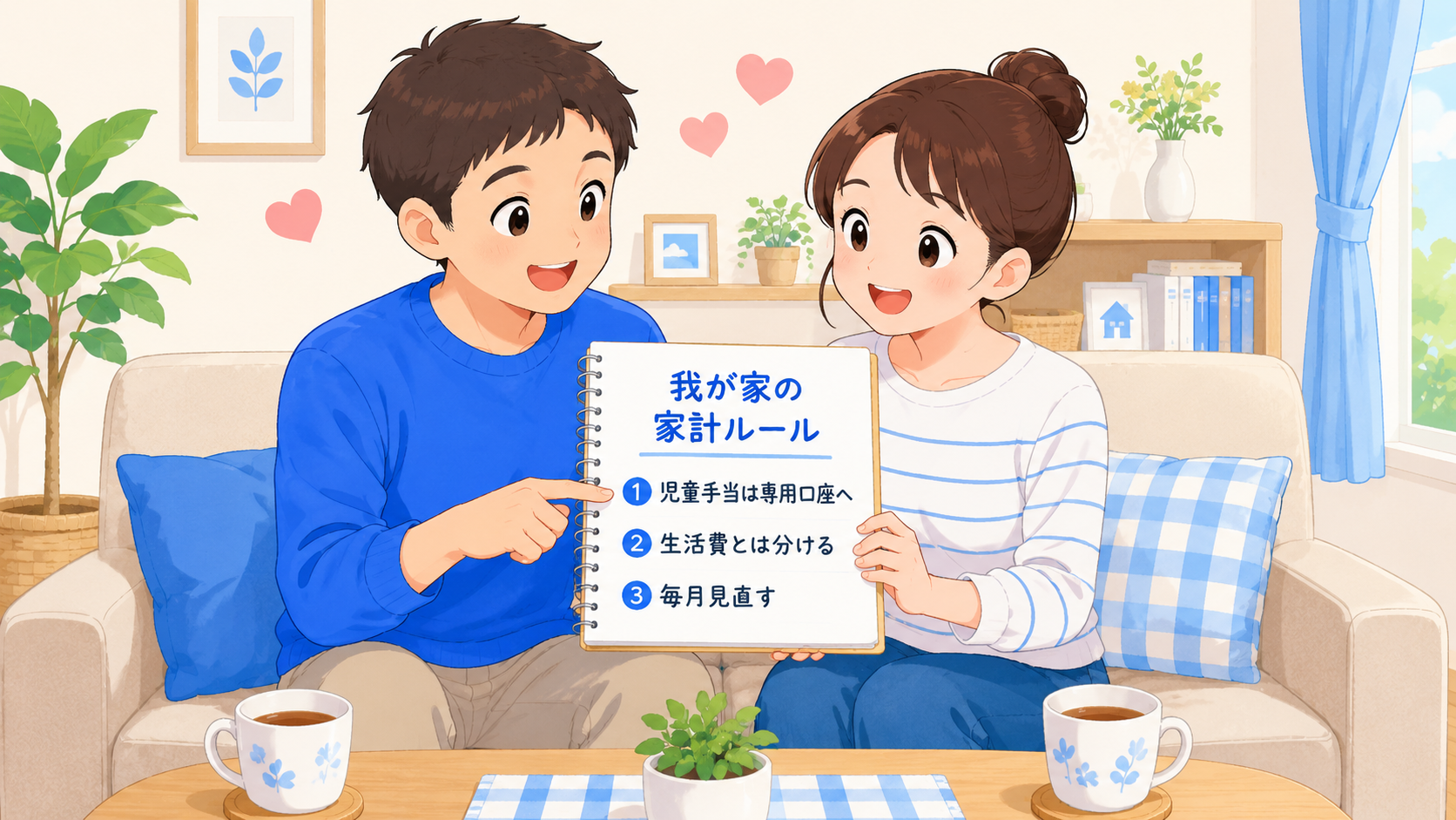 家計ルールを夫婦で話し合う様子のイラスト