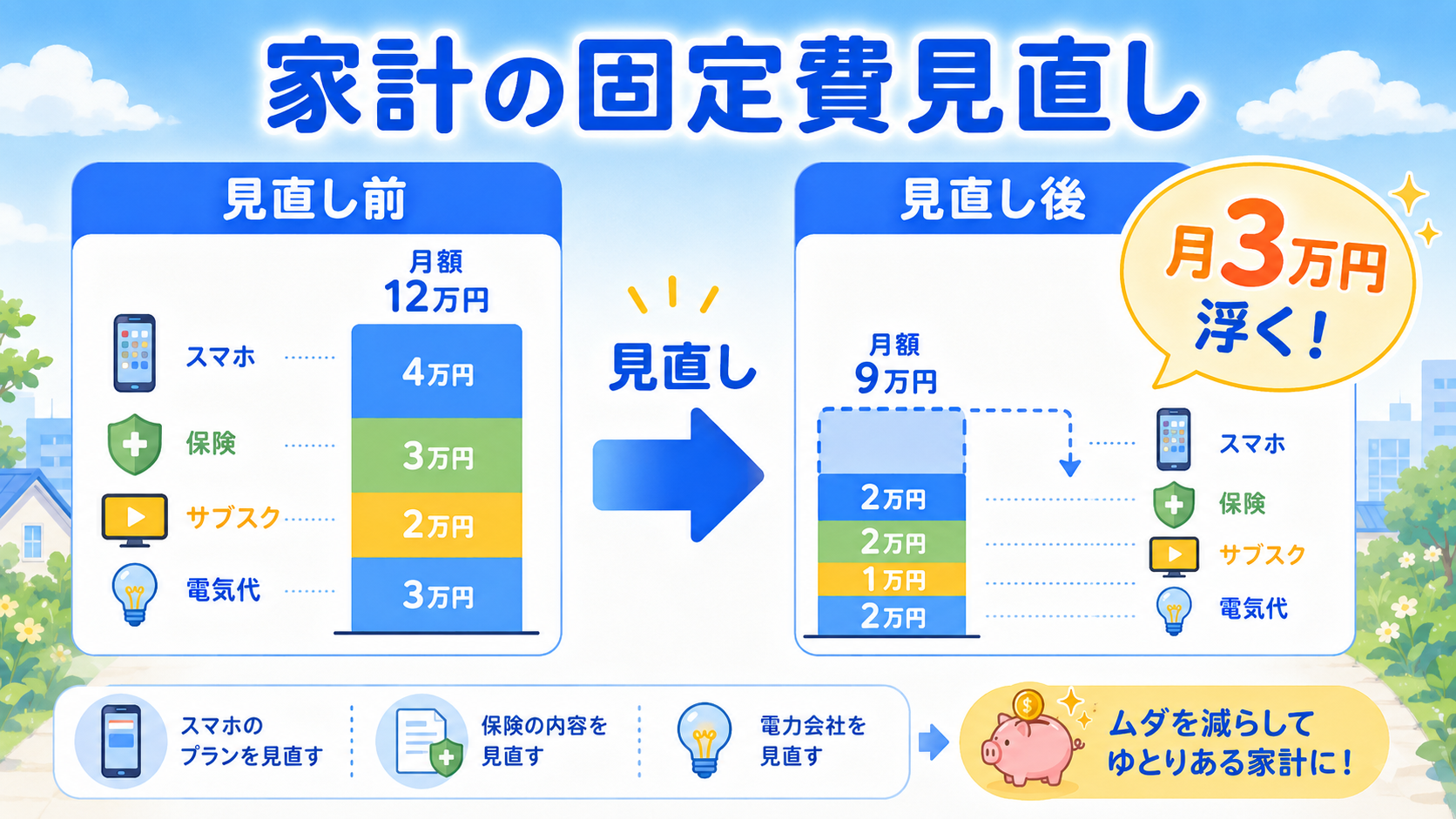 家計の固定費見直しを表すイラスト