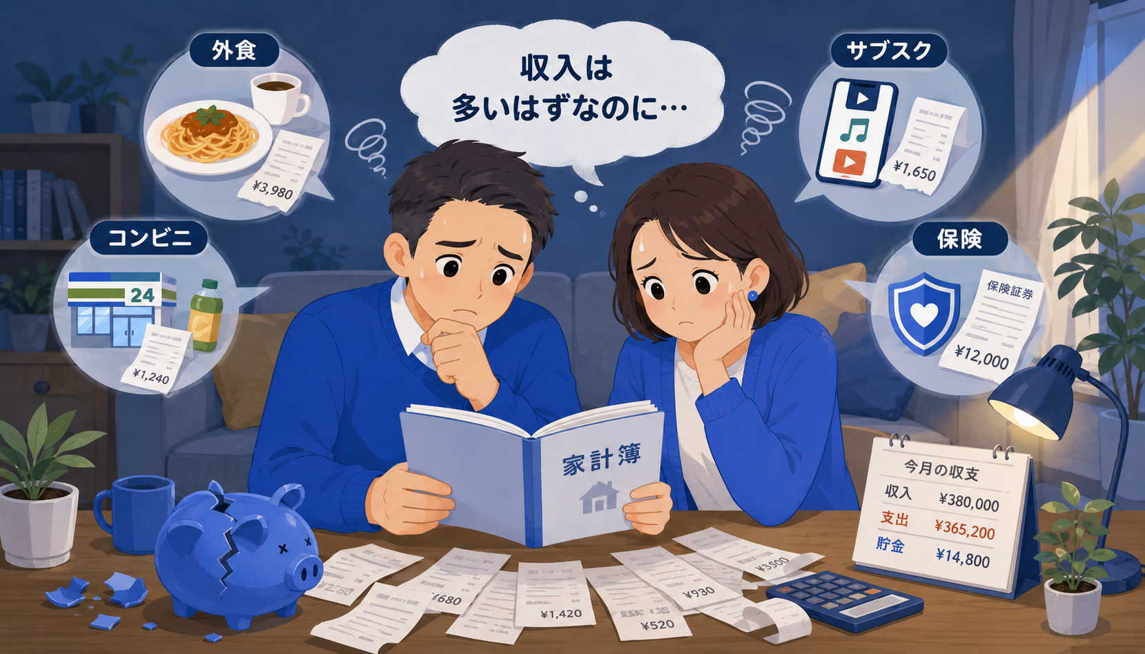 共働き夫婦の家計が貯まらない悩みのイラスト