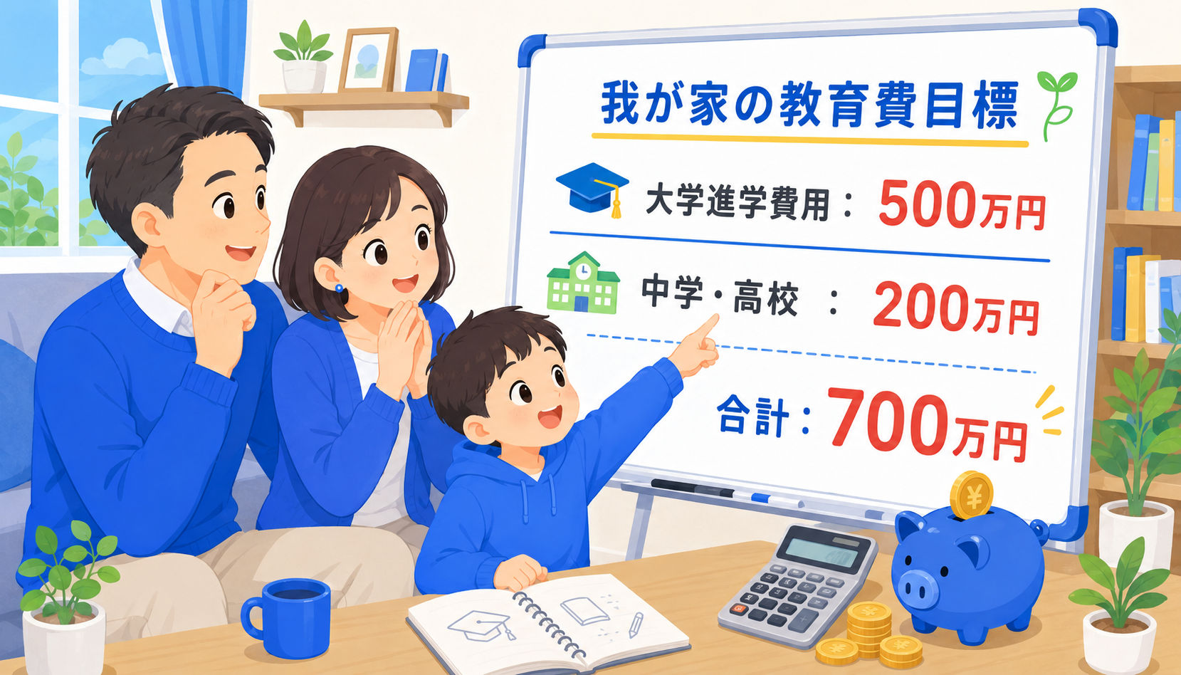 教育費の目標額を計算する家族のイラスト
