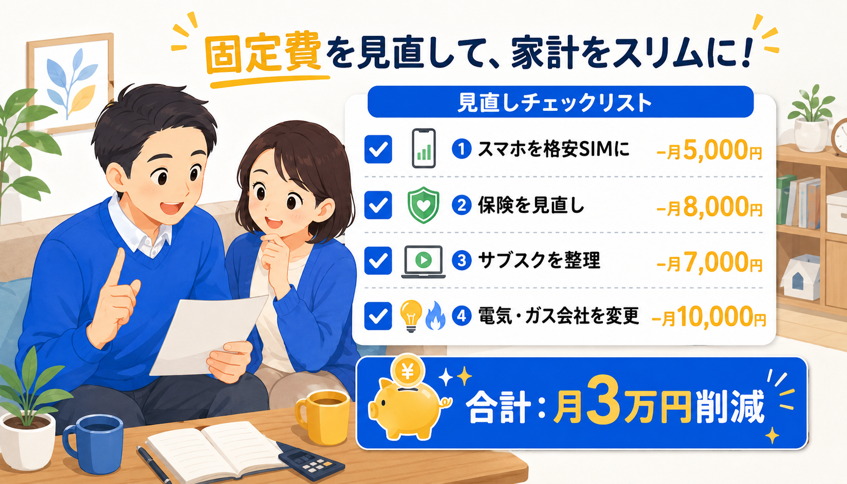 共働き世帯の固定費を見直す様子のイラスト