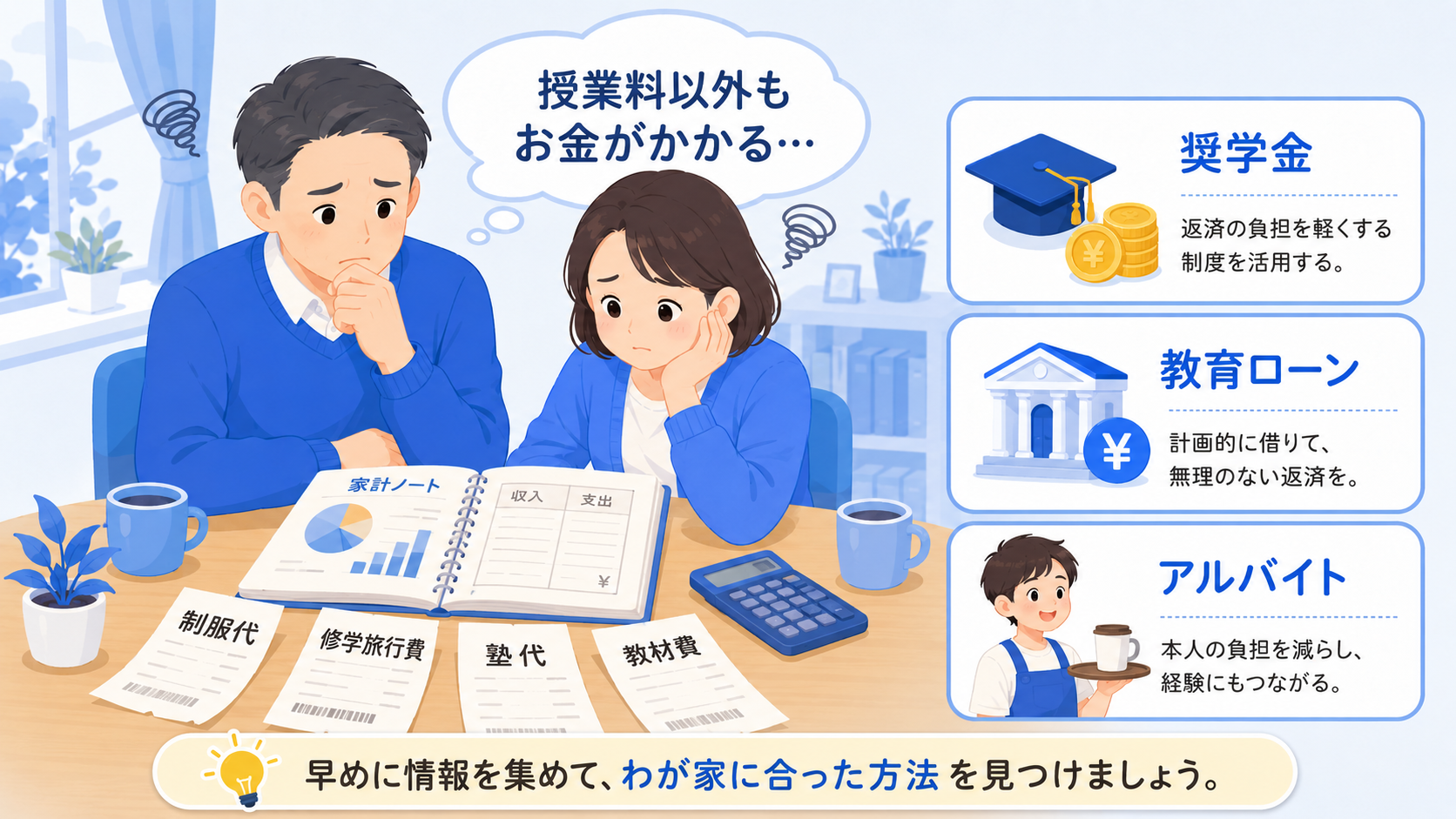 高校生のいる家計の悩みを描いたイラスト
