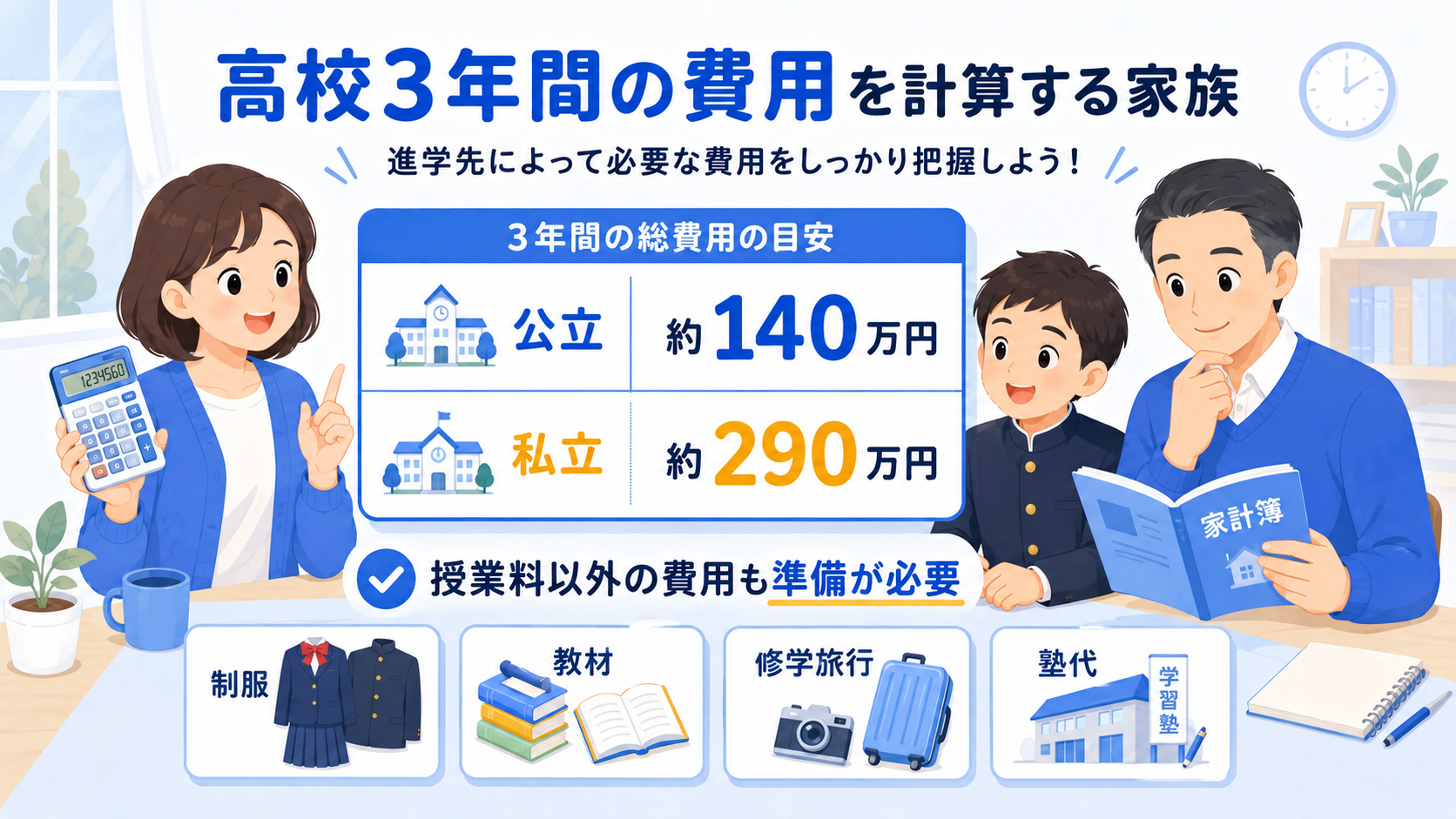 高校3年間の費用を計算する家族のイラスト