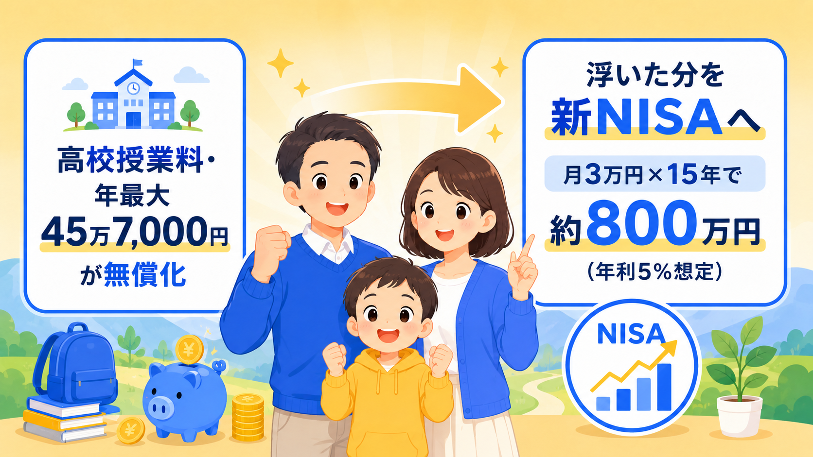 新NISAで教育費を準備する家族のイラスト