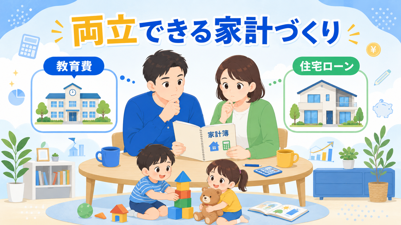 教育費と住宅ローンの両立を考える家族のイラスト