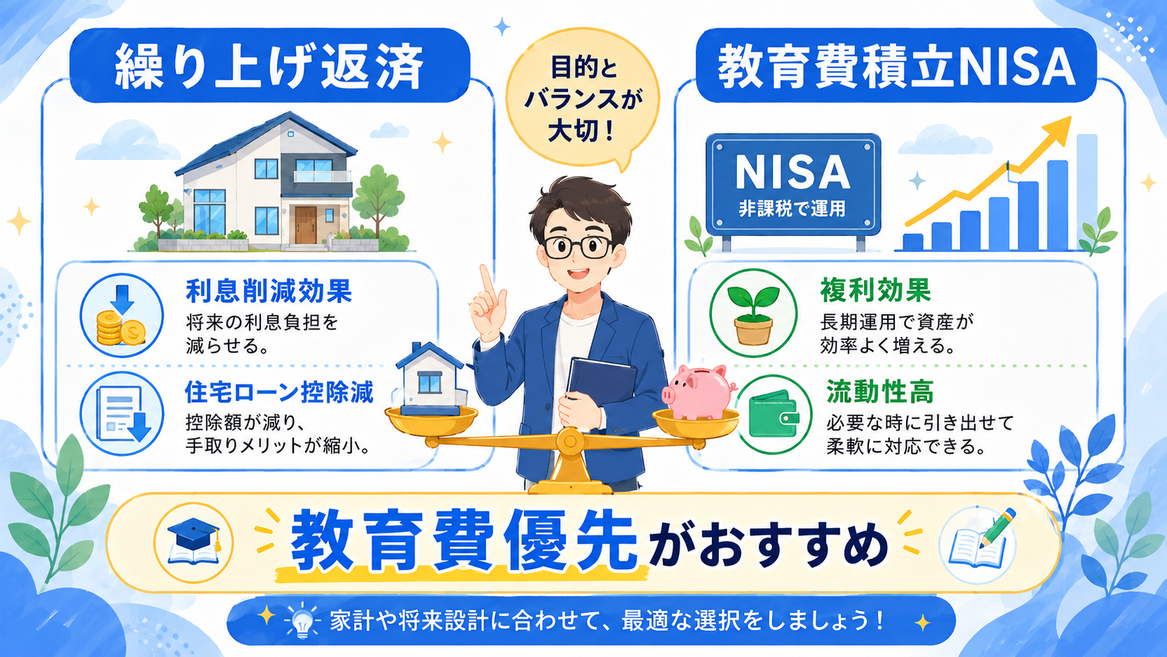 繰り上げ返済と教育費積立を比較する図