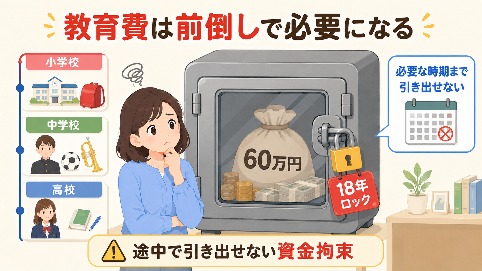 学資保険は資金拘束されて急な出費に対応できないことを示すイラスト