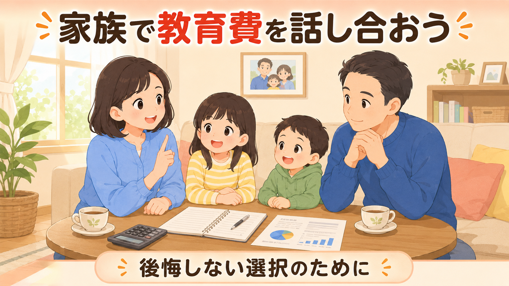 家族で教育費について話し合う温かい雰囲気のイラスト
